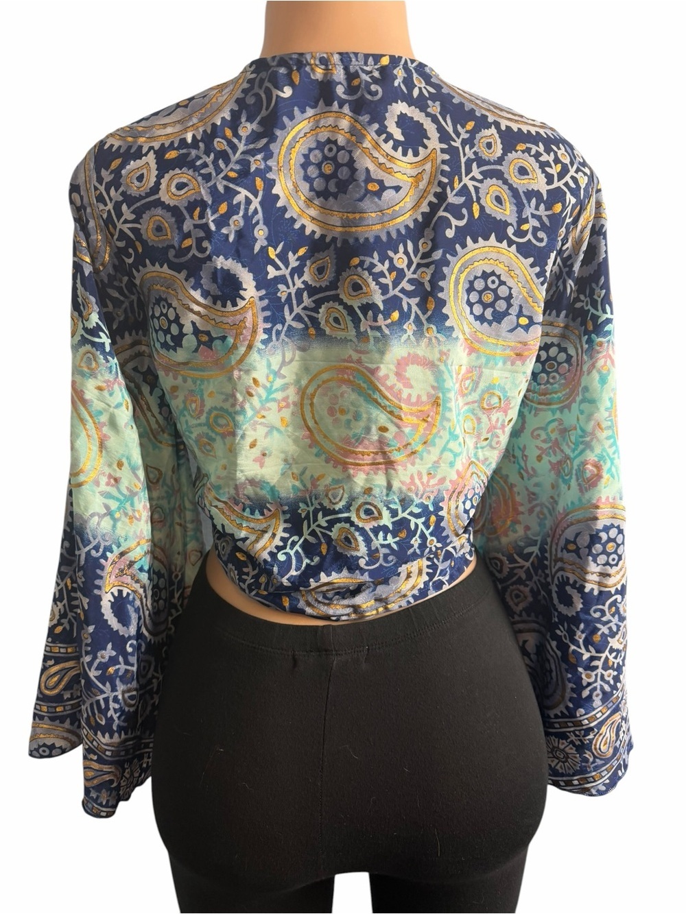 Tie Front Paisley Print Silk Blend Crop Top Blue Multi Belle Sleeves - Picture 9 of 10